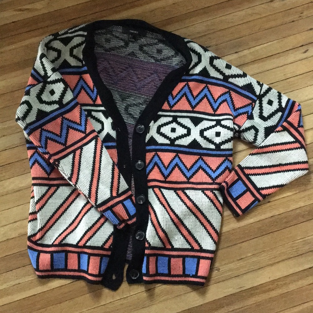 Forever 21 printed button up knit sweater